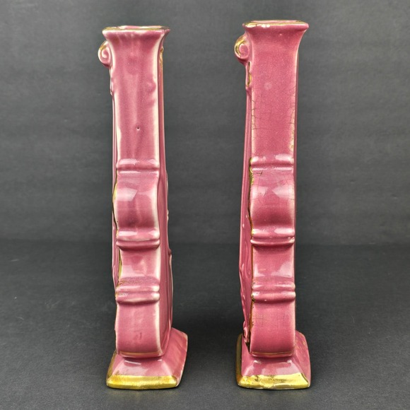 Vintage Pink Violin Bud Vases Set 2 22K Gold Trim 9" MCM Decor - Picture 4 of 9